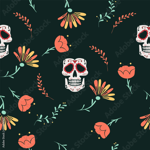 Dia De Los Muertos Mexican Seamless Pattern with calavera sugar skulls and flowers. Day of the dead.
