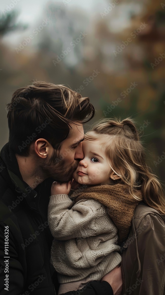 A man is kissing a little girl. The girl is wearing a brown sweater A man is kissing a little girl. The girl is wearing a brown sweater