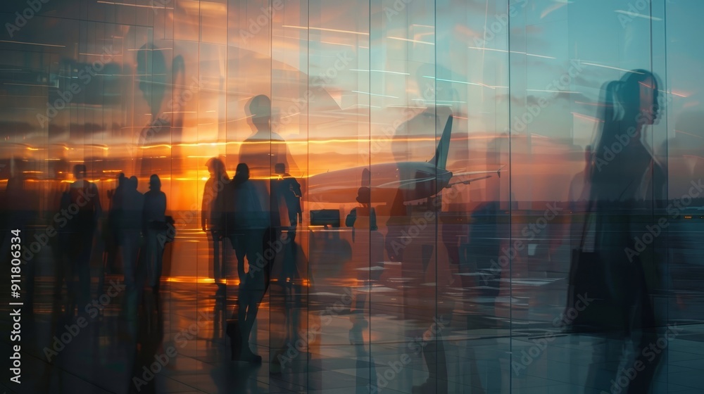 A group of people are walking on a runway with a plane in the background. The image has a dreamy, surreal quality to it, as the people and the plane appear to be in a distorted, blurred state A group of people are walking on a runway with a plane in the background. The image has a dreamy, surreal quality to it, as the people and the plane appear to be in a distorted, blurred state