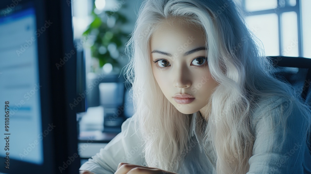 長い白髪の若い女性が静かなオフィスでコンピュータに集中し、作業をしている様子が見られます。