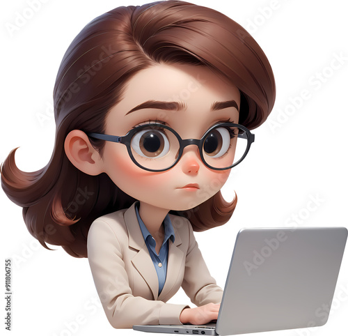 3D illustration icon of a young female office worker looking at a laptop photo