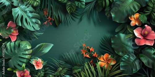 Green tropical leaves and flowers frame a green background.