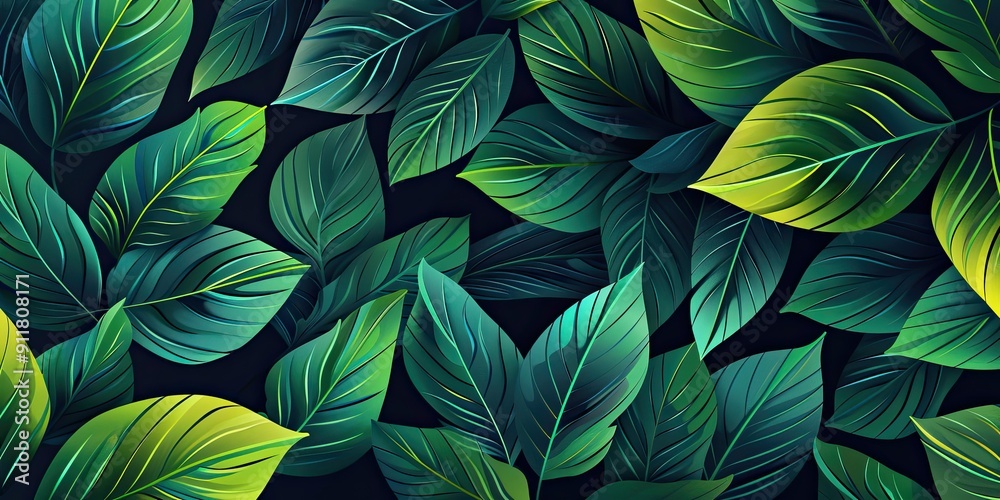 Green leaves, dark background, vibrant pattern. Green leaves, dark background, vibrant pattern.