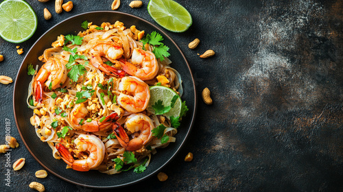 Pad Thai fried rice noodles with shrimp. The dish features vibrant colors, fresh ingredients, and a garnish of lime and peanuts, symbolizing Thai culinary artistry photo