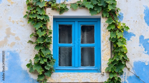 A blue window invaded by the virgin vine