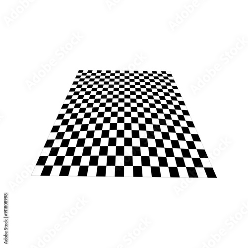Distorted checkered plane in perspective. Warped tile floor. Curvatured checkerboard texture. Convex board with black and white squared pattern. Gravity phenomenon. Vector graphic illustration