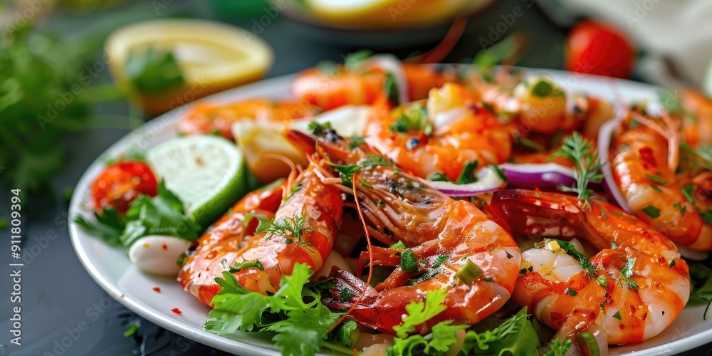 Cooked Shrimp and Seafood with Spicy Chili Sauce and Coriander Shrimp Salad with Lemon and Lime Fresh Shrimp on White Plate with Vegetables Cooked Shrimp and Seafood with Spicy Chili Sauce and Coriander Shrimp Salad with Lemon and Lime Fresh Shrimp on White Plate with Vegetables