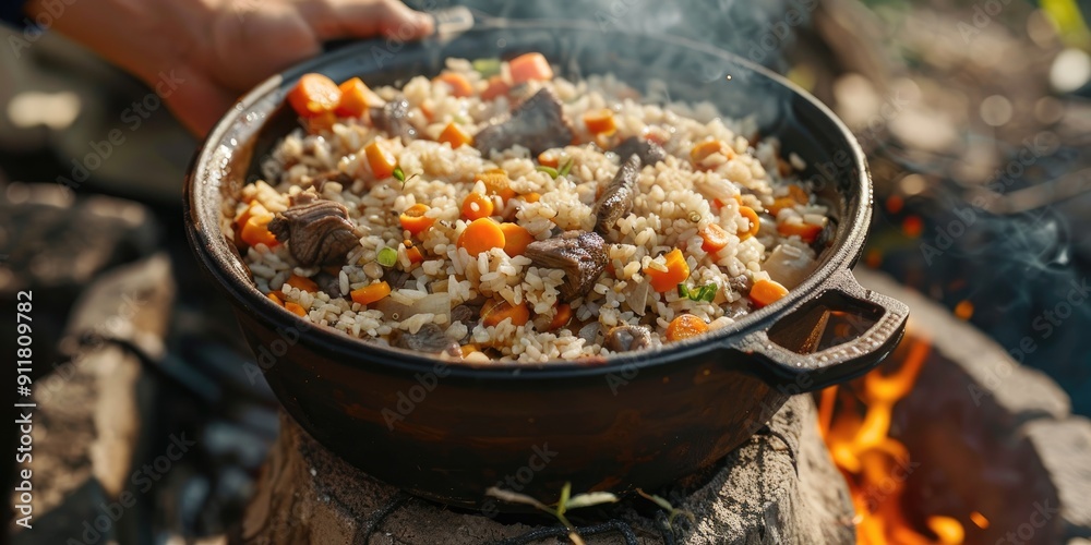 Chef serves rice pilaf with beef and carrots on a biodegradable paper plate next to a rustic cast iron cauldron Outdoor cuisine