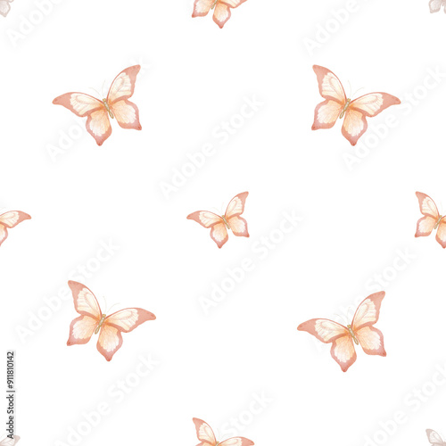 Delicate pastel colored butterflies Flying, elegant butterflies and moths Watercolor illustration in digital style. Seamless pattern repeating the ornament on a white background. Suitable for textiles