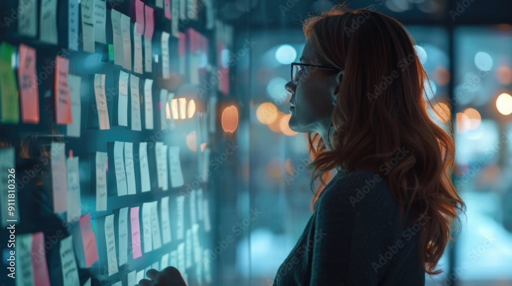 A woman stands in front of a colorful wall covered with post-it notes, ready to organize or brainstorm A woman stands in front of a colorful wall covered with post-it notes, ready to organize or brainstorm