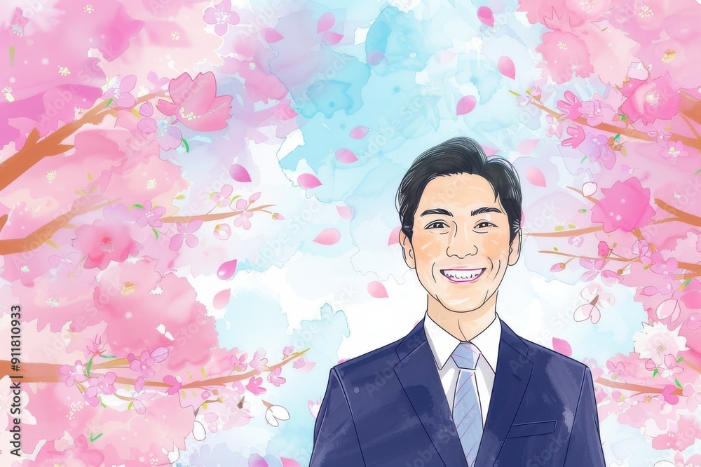 桜と笑顔の男性会社員の水彩画(就活・転職・就職・会社・仕事・会社員) 桜と笑顔の男性会社員の水彩画(就活・転職・就職・会社・仕事・会社員)