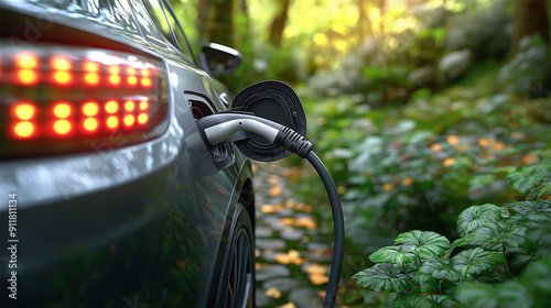 Electric car charging in a green natural environment, showing the charging port and cable
 photo