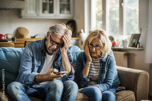 A middle-aged couple sitting on a sofa worriedly looking at their cell phone, paying taxes, debts, financial problems.