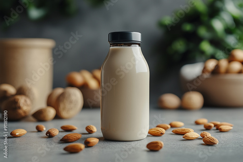 A bottle of almond milk surrounded by scattered almonds on a minimalist grey background