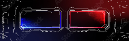 This graphic features a sleek digital interface showcasing two rectangular panels, one illuminated in blue and the other in red. The design incorporates intricate circuitry patterns surrounding 