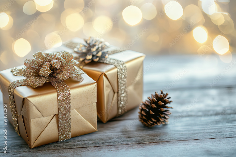 Christmas golden gift boxes on a shiny festive background. New Year present holiday concept Christmas golden gift boxes on a shiny festive background. New Year present holiday concept