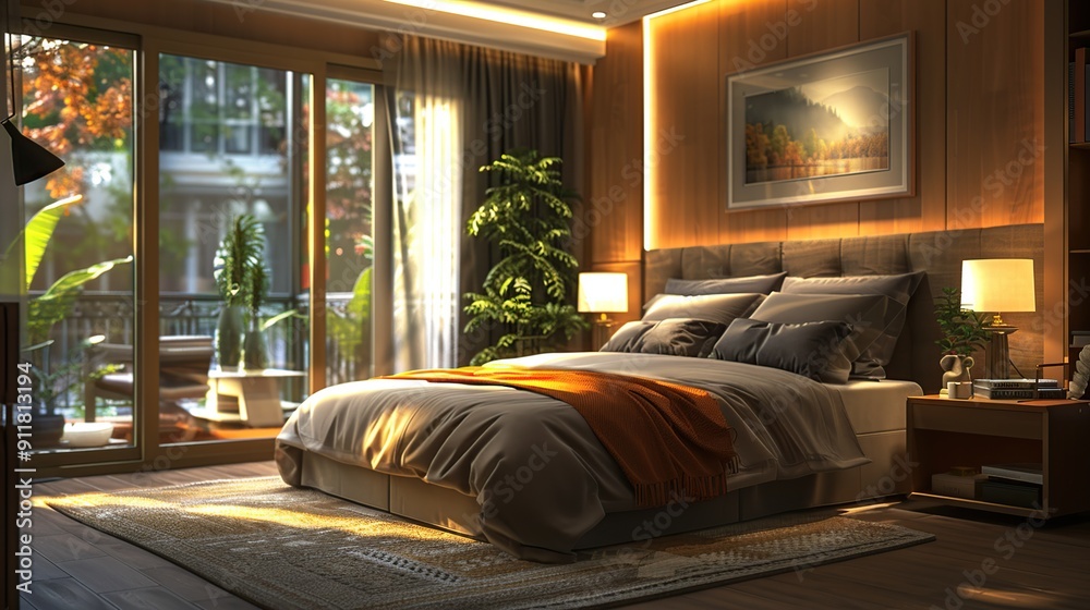 Luxurious Bedroom with Warm Lighting and a View of Nature Luxurious Bedroom with Warm Lighting and a View of Nature