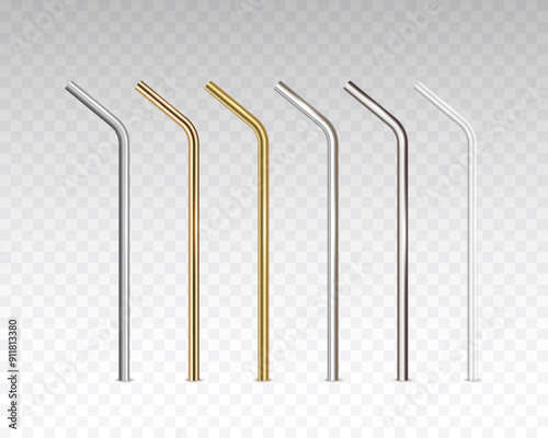 Straws set isolated on transparent background. Stainless, steel, aluminum or silver pipes. Vector 3d eco reusable metal tubes