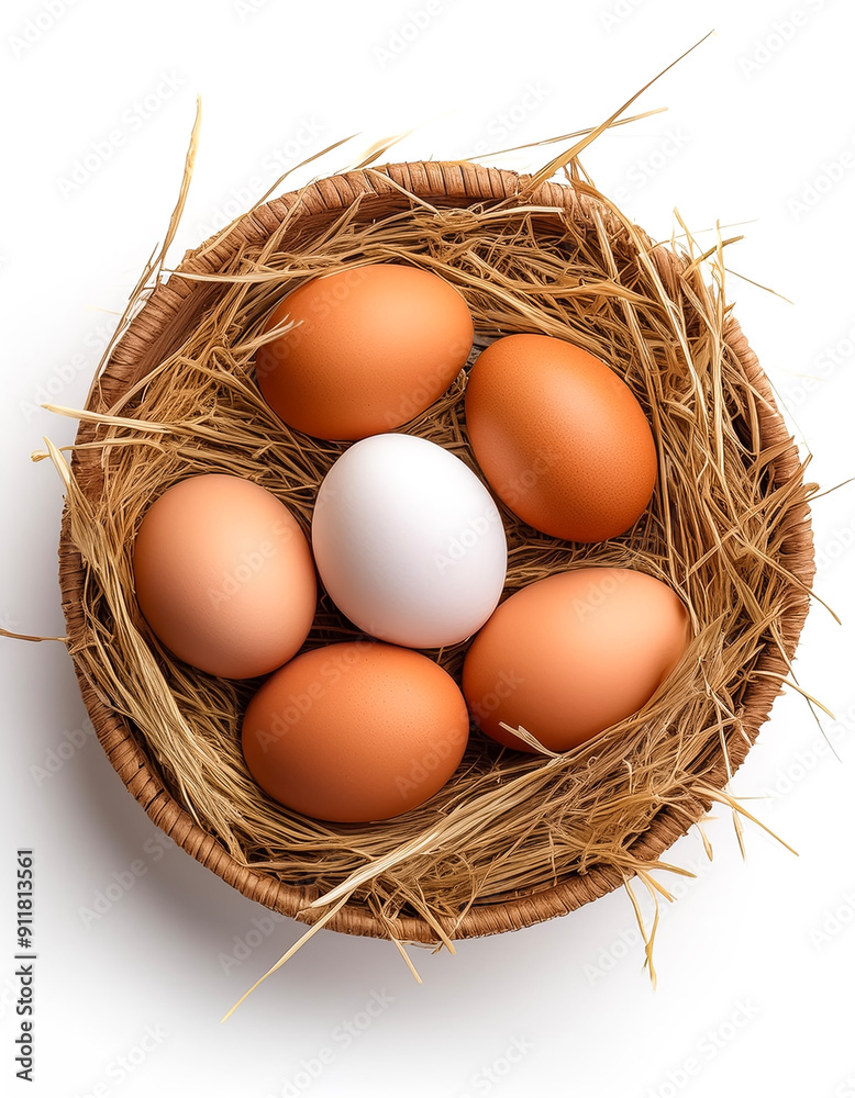 Farm eggs basket in hay on a wooden surface healthy food isolated on white background Farm eggs basket in hay on a wooden surface healthy food isolated on white background