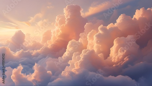 Soft light shines through the clouds, the colors are warm, and the clouds are rich in layers and have a sense of tranquility.