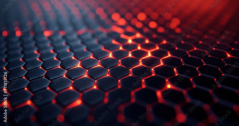 Fototapeta premium Red and black carbon fiber hexagonal pattern background with light reflection, depth of field effect, close-up perspective, macro lens