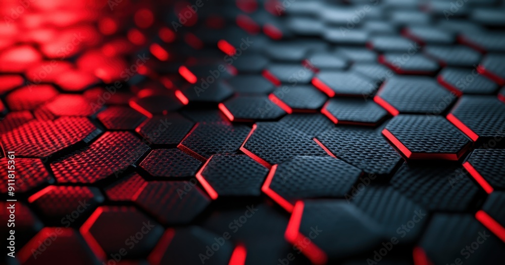 Fototapeta premium Red and black carbon honeycomb, light reflection on the surface of the carbon hexagons, cinematic lighting, close-up, macro photography