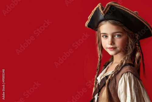 Adorable girl dressed in a pirate costume with braided hair, set against a vibrant red background. This charming image is perfect for themed photography, children's events, and costume parties.