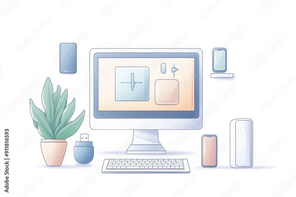 A computer monitor displaying a tech diagram, surrounded by a keyboard, a mouse, a smartphone, a laptop, a smartwatch, and a USB drive.. cartoon doodle hand drawn illustration A computer monitor displaying a tech diagram, surrounded by a keyboard, a mouse, a smartphone, a laptop, a smartwatch, and a USB drive.. cartoon doodle hand drawn illustration