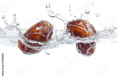 Kholas Dates falling into the water with a splash on a white background photo