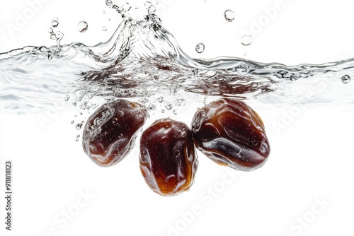 Kholas Dates falling into the water with a splash on a white background photo