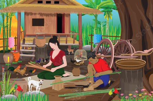 The father was sharpening bamboo while the daughter was weaving bamboo containers under the big tree in front of the hut.vector design
