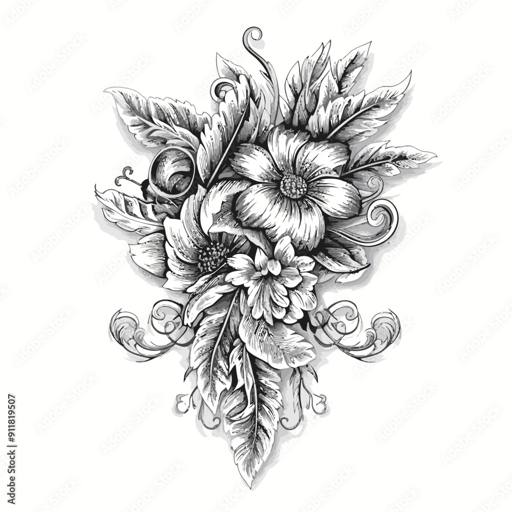Vector black and white line art floral bouquet Vector black and white line art floral bouquet