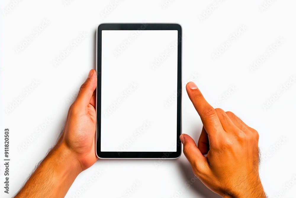 A clean and modern image showing a person holding a black tablet with both hands, with one finger poised to interact with the blank white screen. A clean and modern image showing a person holding a black tablet with both hands, with one finger poised to interact with the blank white screen.