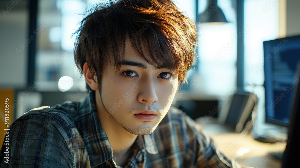 若い男性がオフィスでデジタル機器を使いながら真剣な表情で考え込んでいる様子を捉えた。 若い男性がオフィスでデジタル機器を使いながら真剣な表情で考え込んでいる様子を捉えた。