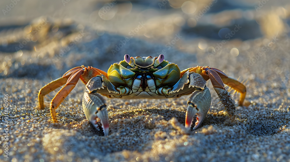A crab with an intricate pattern scuttling along the sandy shore on a sunny day. A crab with an intricate pattern scuttling along the sandy shore on a sunny day.