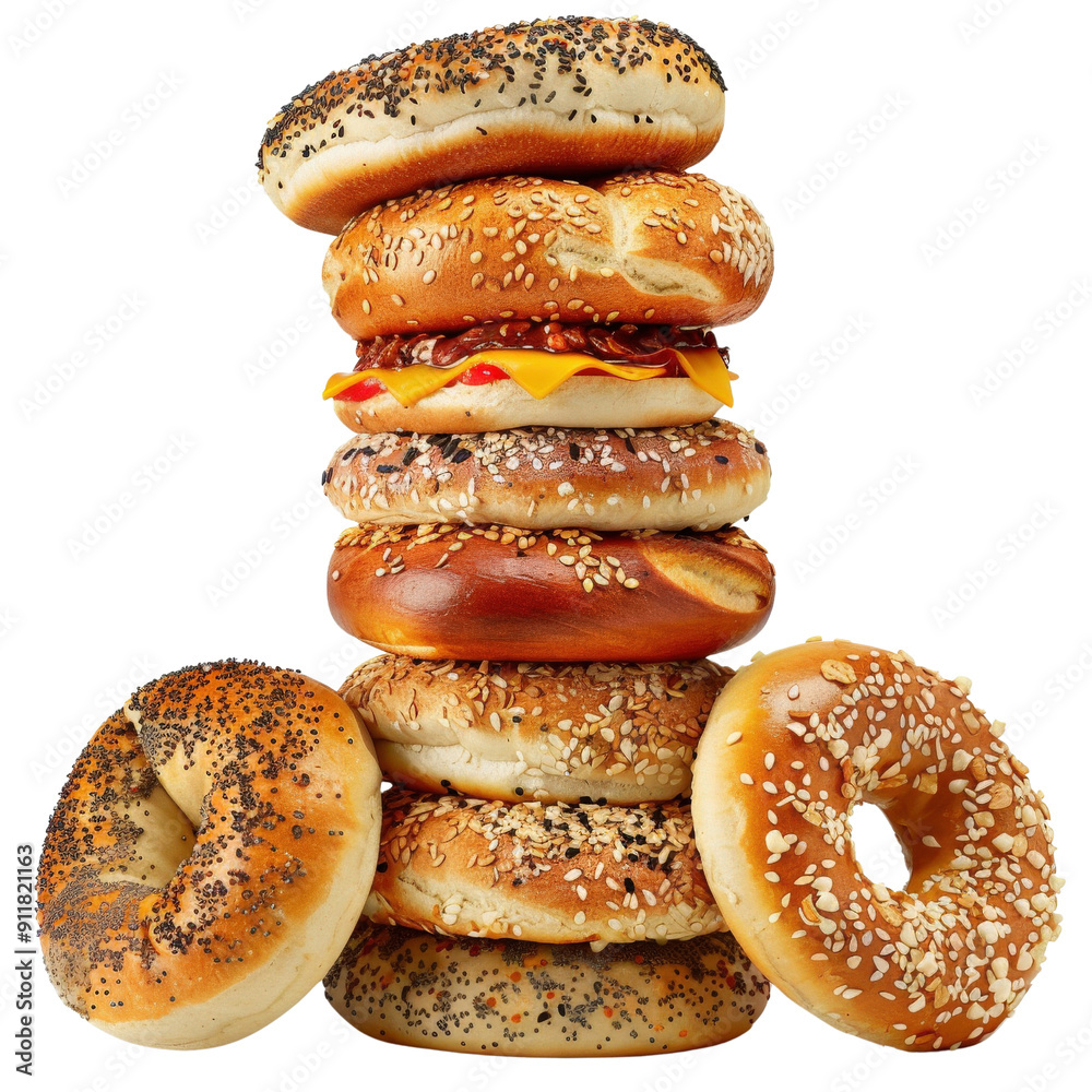 A stack of assorted bagels with various toppings, including sesame, poppy seeds, and cheese, perfect for breakfast or a snack. A stack of assorted bagels with various toppings, including sesame, poppy seeds, and cheese, perfect for breakfast or a snack.