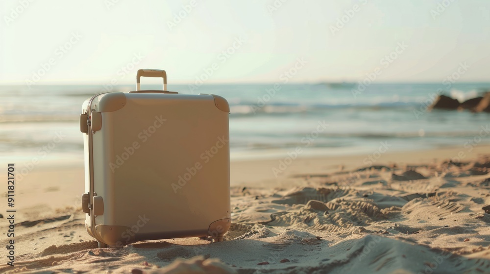 Modern beige suitcase in the sand, in front of a beach generative ai Modern beige suitcase in the sand, in front of a beach generative ai