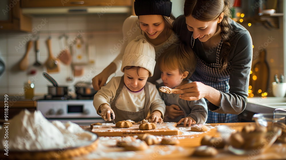 A happy family of four baking delicious cookies together in a cozy kitchen setting. A happy family of four baking delicious cookies together in a cozy kitchen setting.