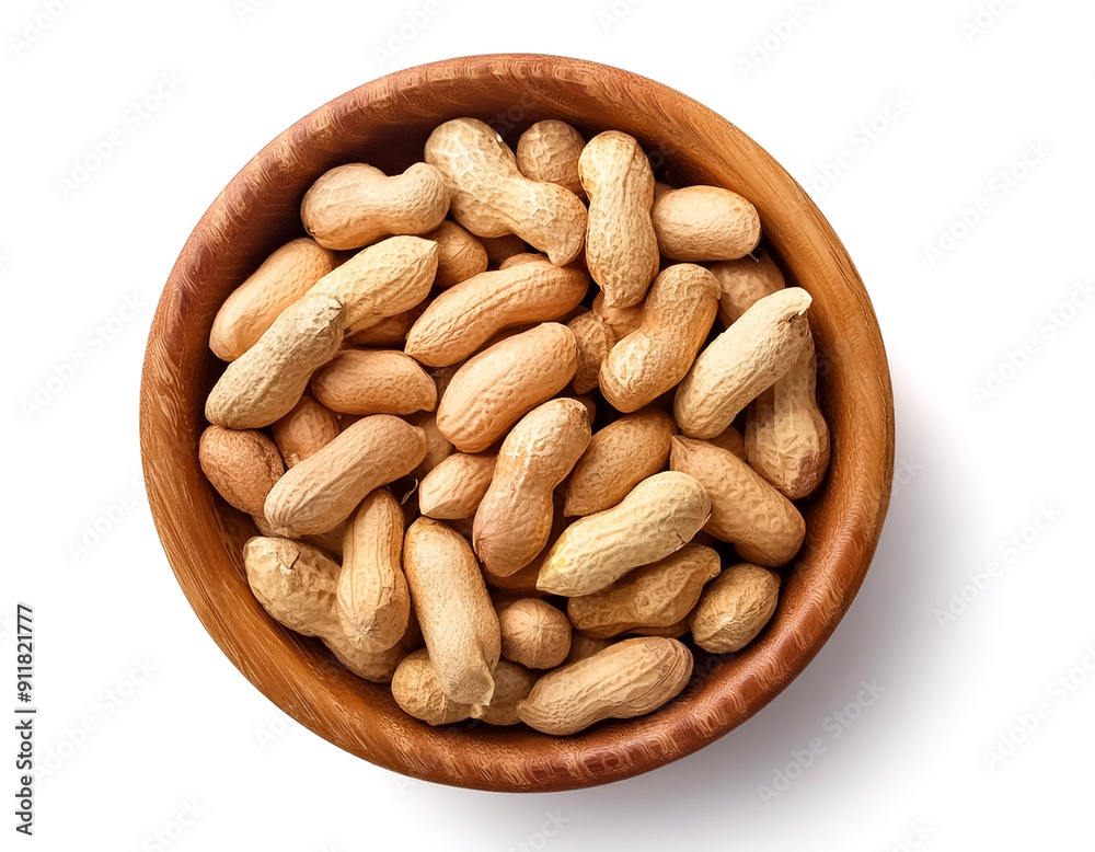 organic peanuts in wooden bowl isolated on white background organic peanuts in wooden bowl isolated on white background