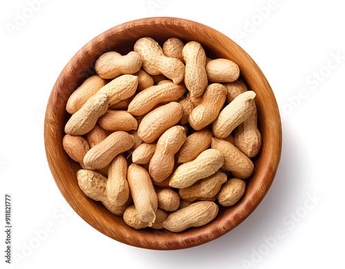 organic peanuts in wooden bowl isolated on white background