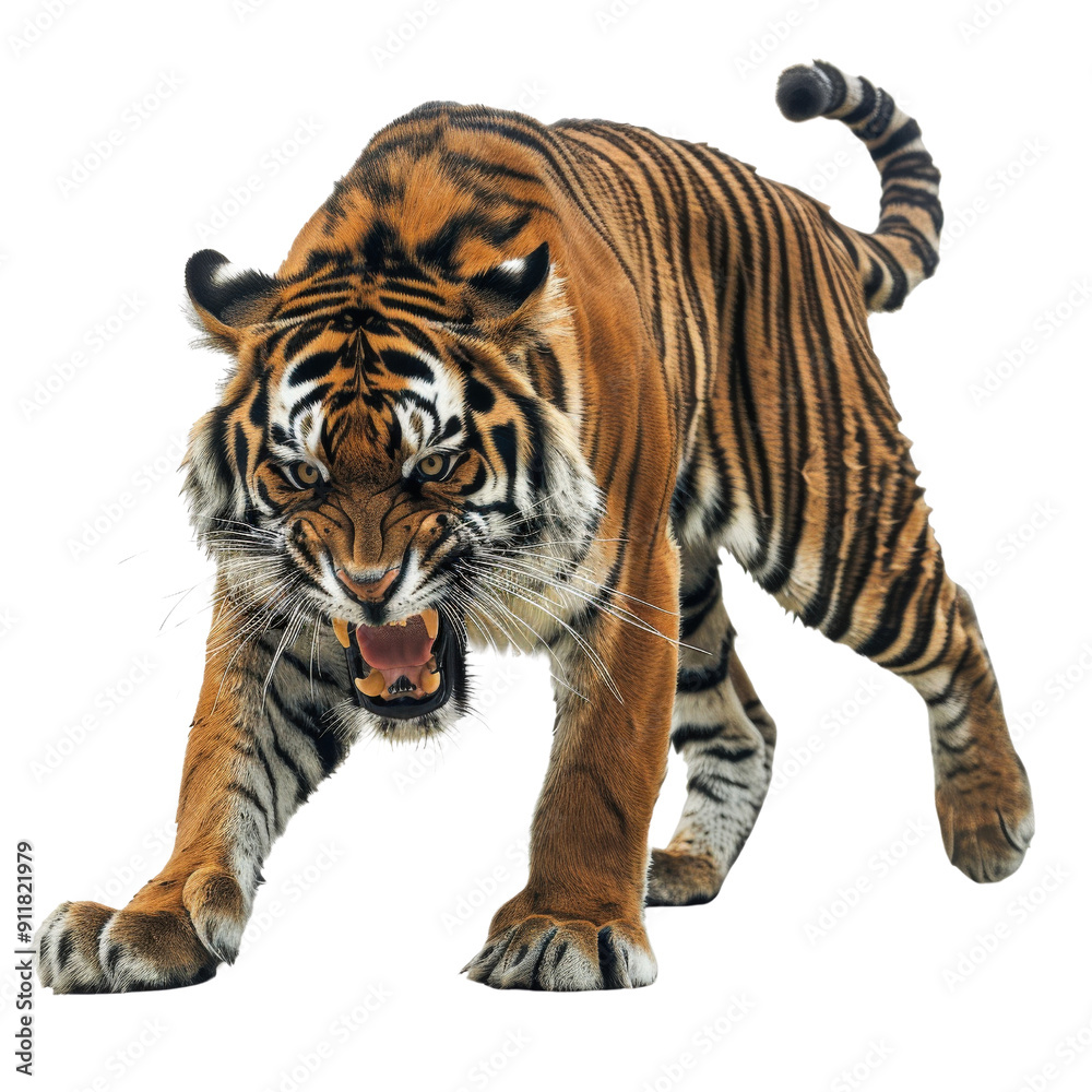 Obraz premium Fierce tiger on the prowl displaying its majestic strength and power in the wild, with striking stripes and intense gaze.