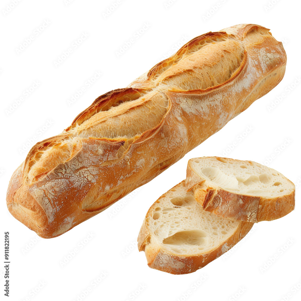 Freshly baked baguette with crispy crust and soft interior, accompanied by two slices. Perfect for breakfast or a French-inspired meal. Freshly baked baguette with crispy crust and soft interior, accompanied by two slices. Perfect for breakfast or a French-inspired meal.