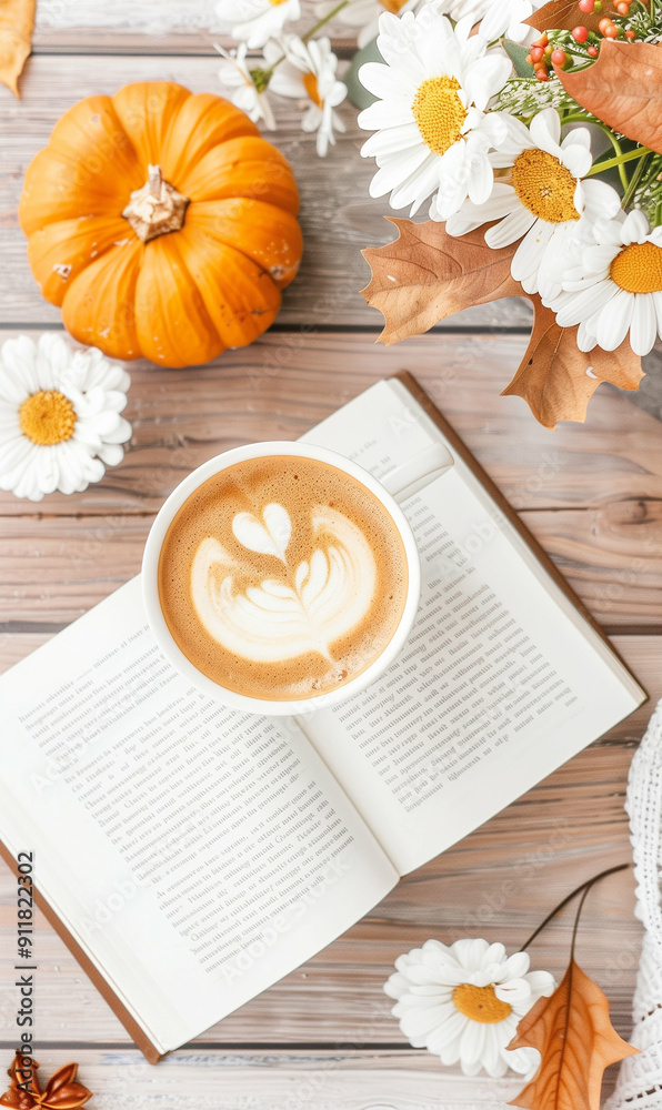 Coffee with Pumpkin and Flowers. Cozy Autumn Scene Featuring Latte Art Open Book and Decorative Elements. Perfect for Fall Themes Coffee with Pumpkin and Flowers. Cozy Autumn Scene Featuring Latte Art Open Book and Decorative Elements. Perfect for Fall Themes