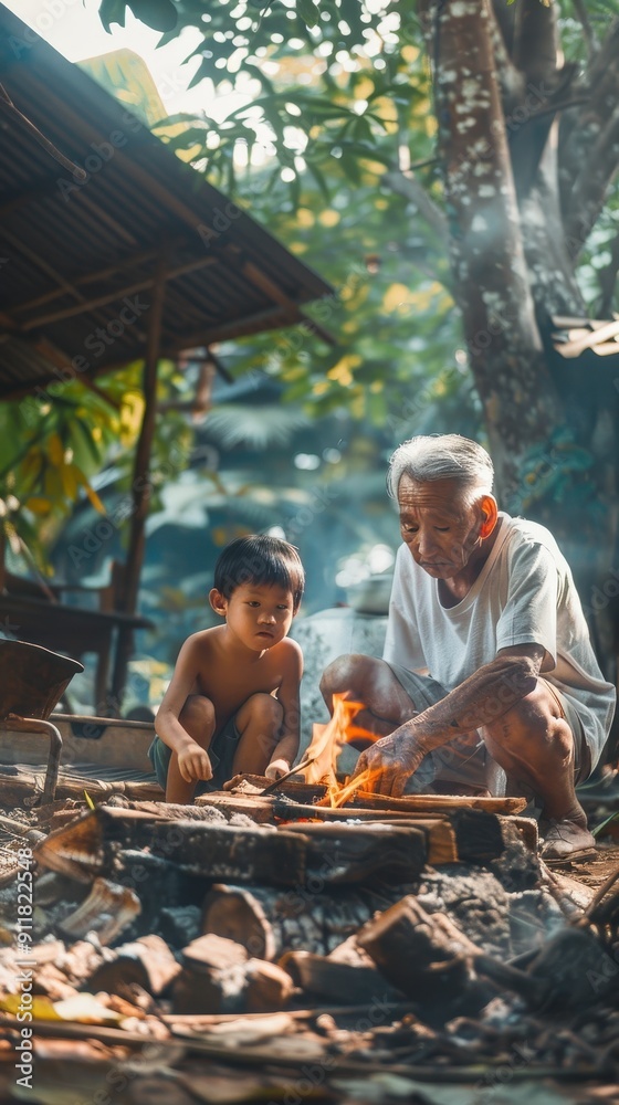 An elderly man teaches a young boy how to make a fire outdoors surrounded by nature An elderly man teaches a young boy how to make a fire outdoors surrounded by nature