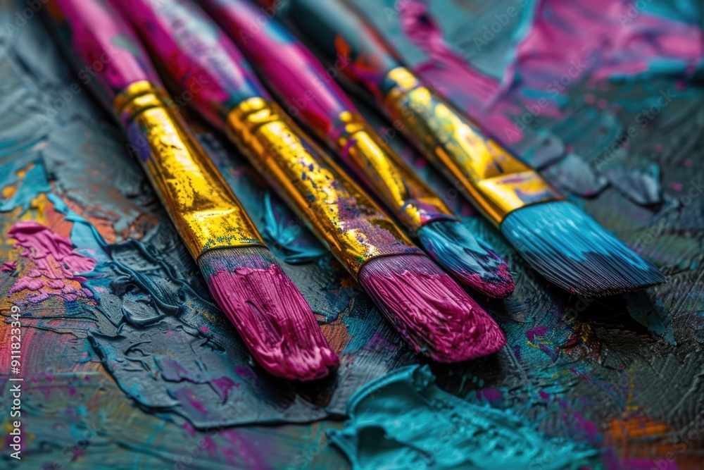 Obraz premium A cluster of paintbrushes on a table, ideal for artistic and creative projects