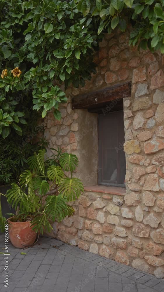 A rustic stone wall with a wooden window, surrounded by lush greenery and a terracotta potted plant leads to a quaint mediterranean setting. A rustic stone wall with a wooden window, surrounded by lush greenery and a terracotta potted plant leads to a quaint mediterranean setting.