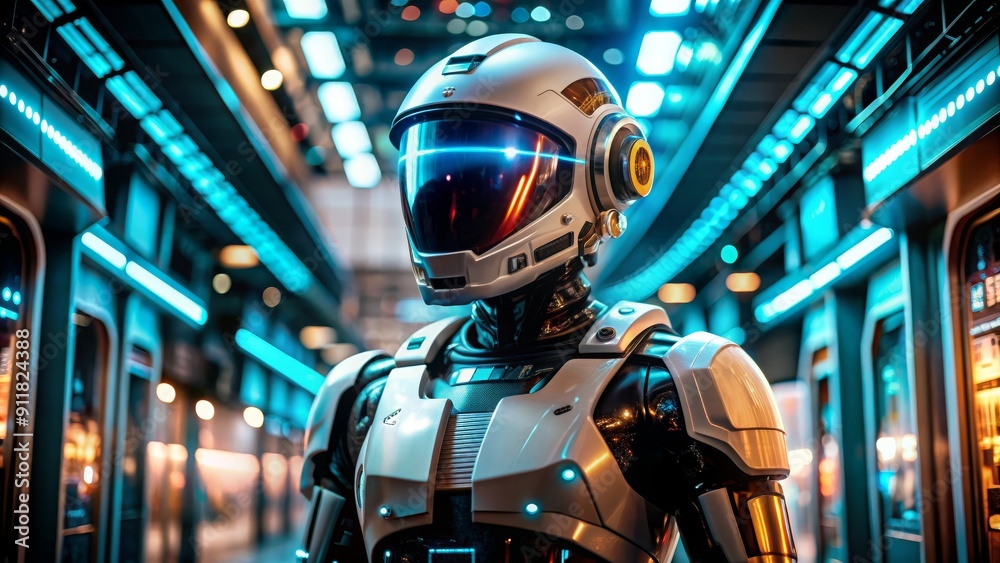 Robot wearing helmet in futuristic setting, robot, helmet, futuristic, technology, artificial intelligence, cyborg