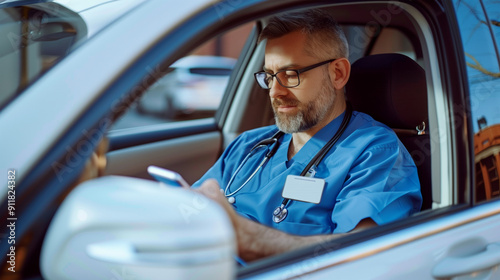 a middle-aged doctor using a cell phone in his car on his way to work at the hospital