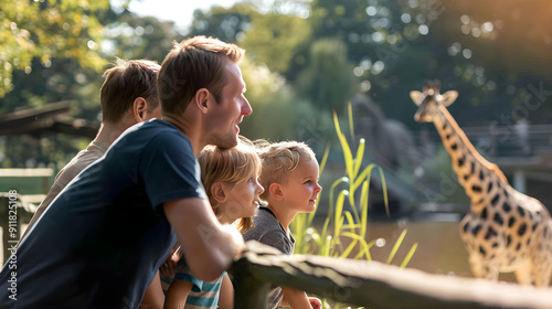 Vibrant scene at the zoo with a family enjoying a day of wildlife and fun.