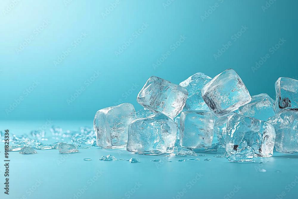 Clear ice cubes scattered against a light blue background Clear ice cubes scattered against a light blue background